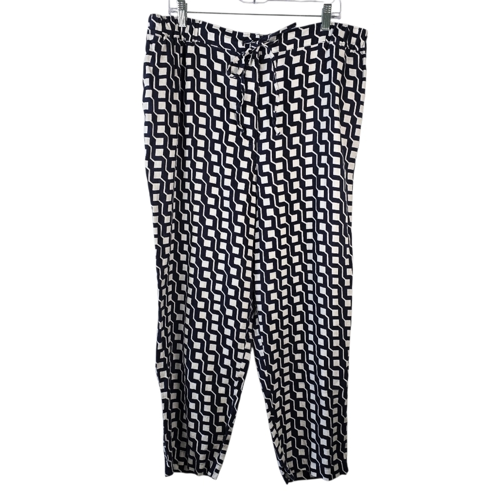 Boden Women's 100% Linen Navy& White Geometric Print StraightLeg Pants Size16-18